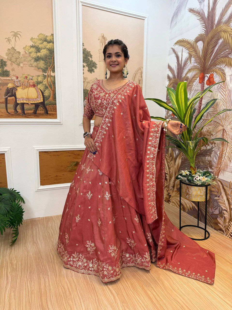 Sage Green & Burnt Rust-Orange Premium Shimmer Embroidered Lehenga, Blouse & Dupatta Set