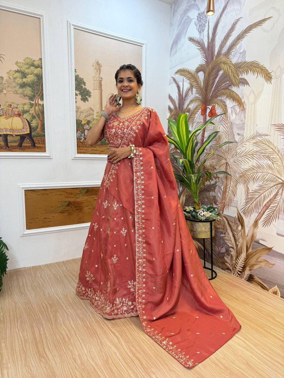 Sage Green & Burnt Rust-Orange Premium Shimmer Embroidered Lehenga, Blouse & Dupatta Set