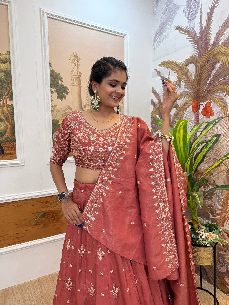 Sage Green & Burnt Rust-Orange Premium Shimmer Embroidered Lehenga, Blouse & Dupatta Set