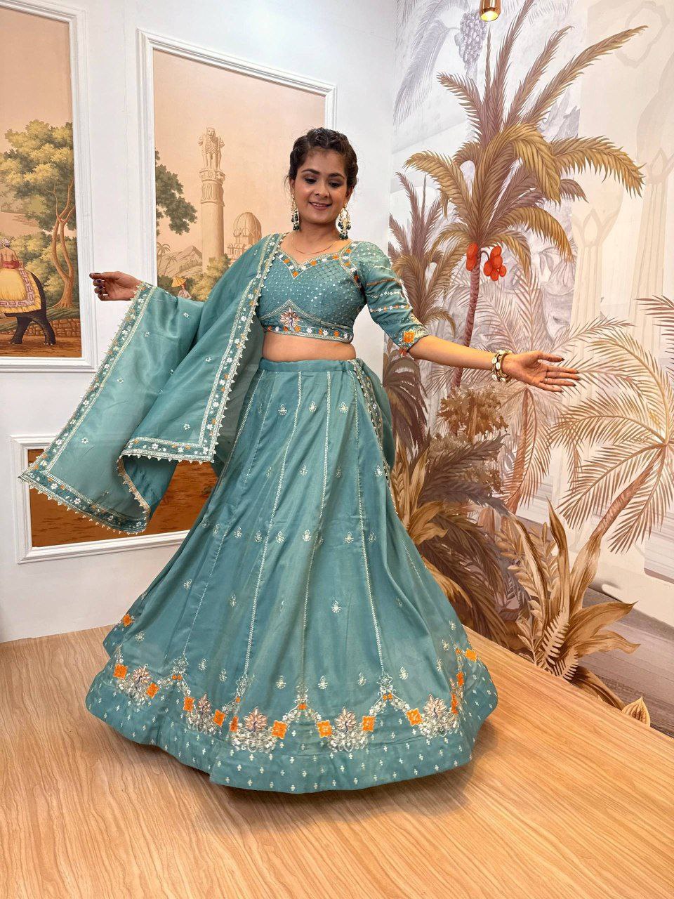 Sage Green & Burnt Rust-Orange Premium Shimmer Embroidered Lehenga, Blouse & Dupatta Set