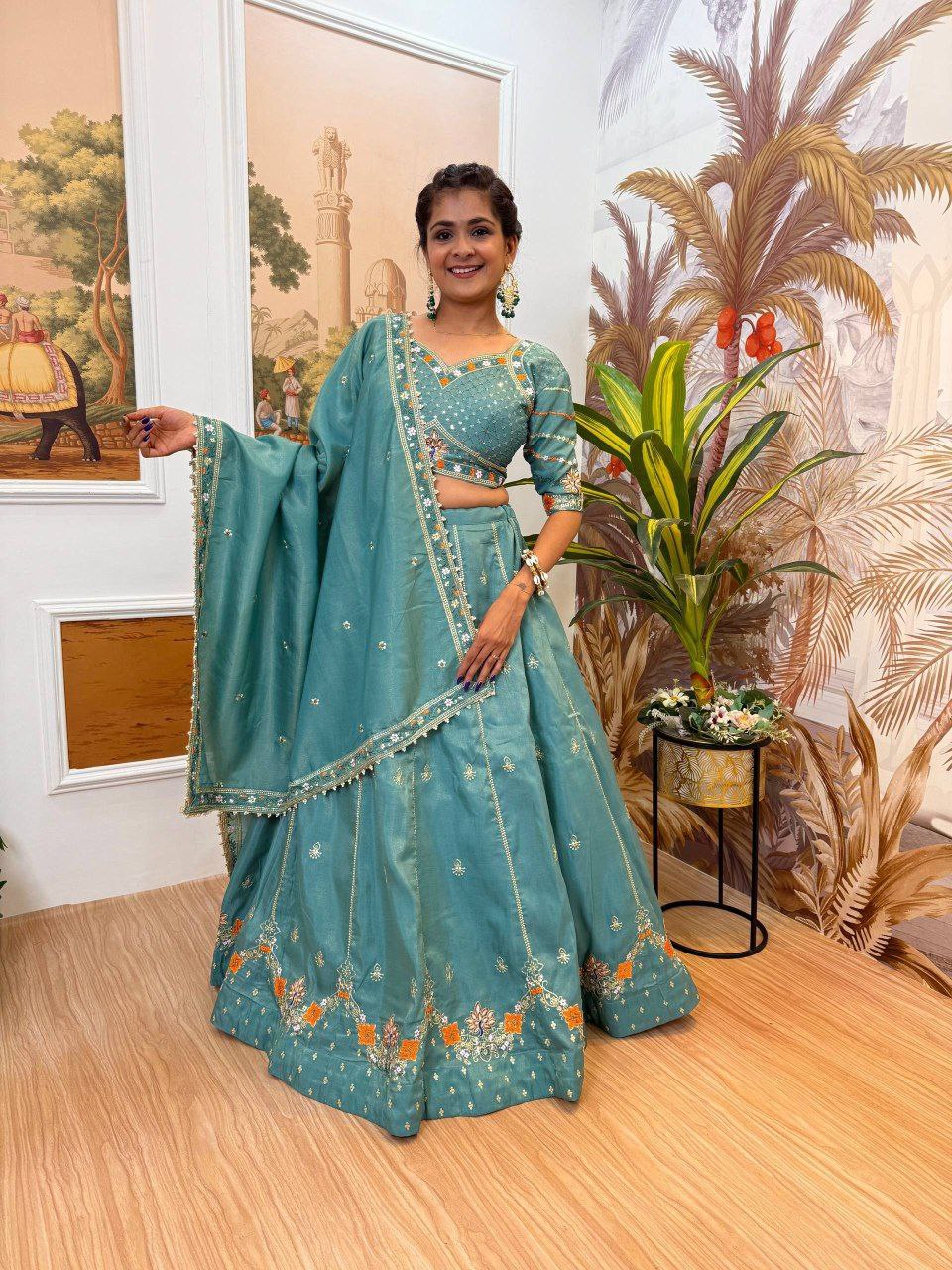 Sage Green & Burnt Rust-Orange Premium Shimmer Embroidered Lehenga, Blouse & Dupatta Set