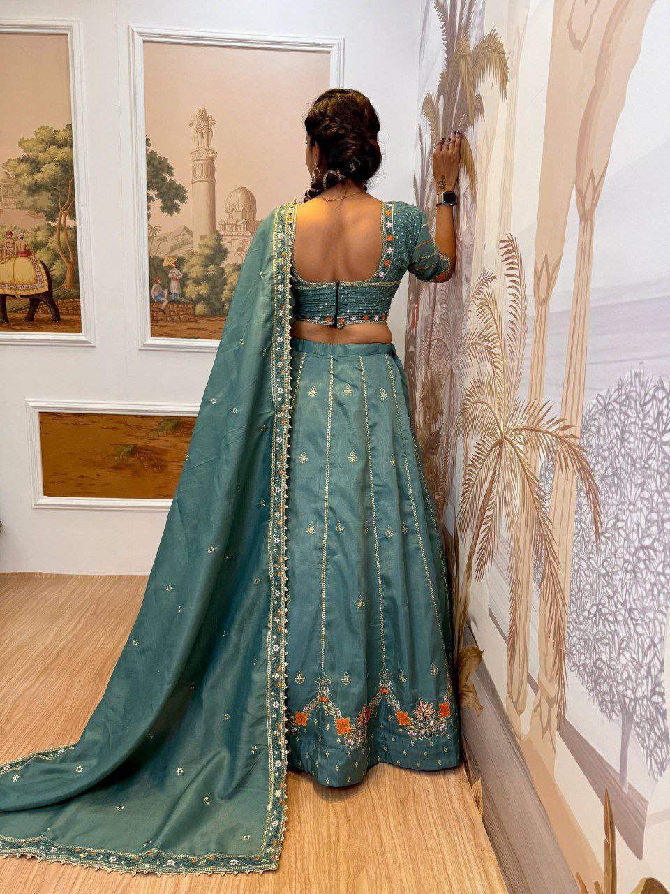 Sage Green & Burnt Rust-Orange Premium Shimmer Embroidered Lehenga, Blouse & Dupatta Set