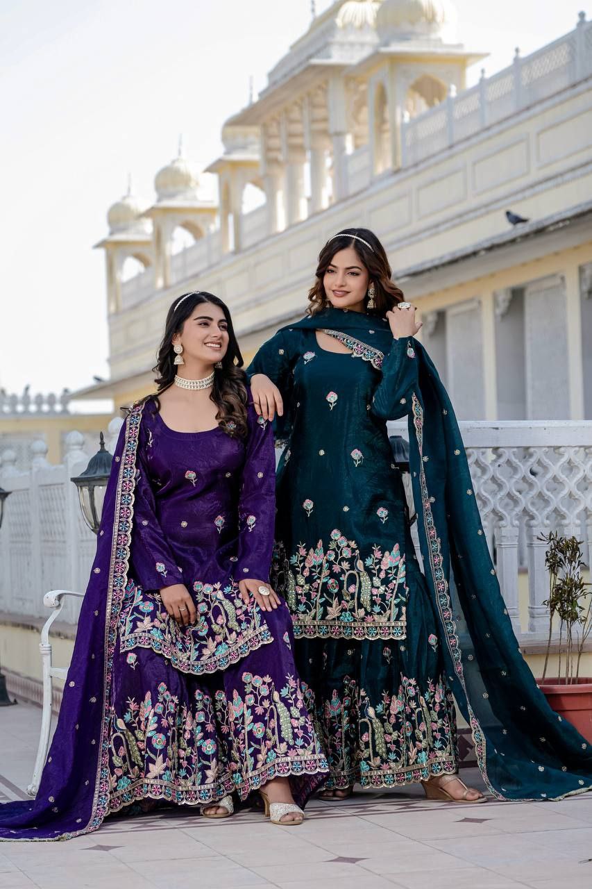 Gold Crush Embroidered Kurti with Palazzo & Dupatta