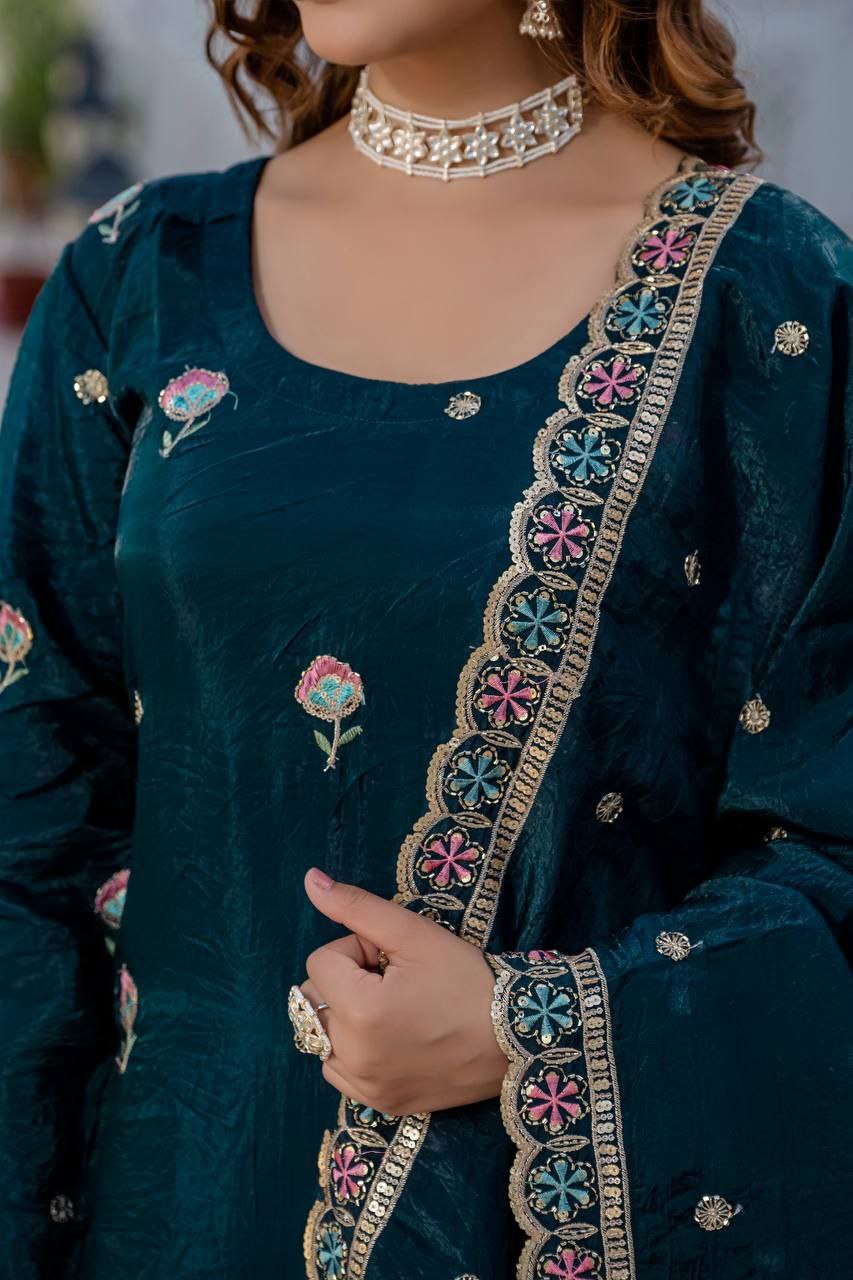 Gold Crush Embroidered Kurti with Palazzo & Dupatta