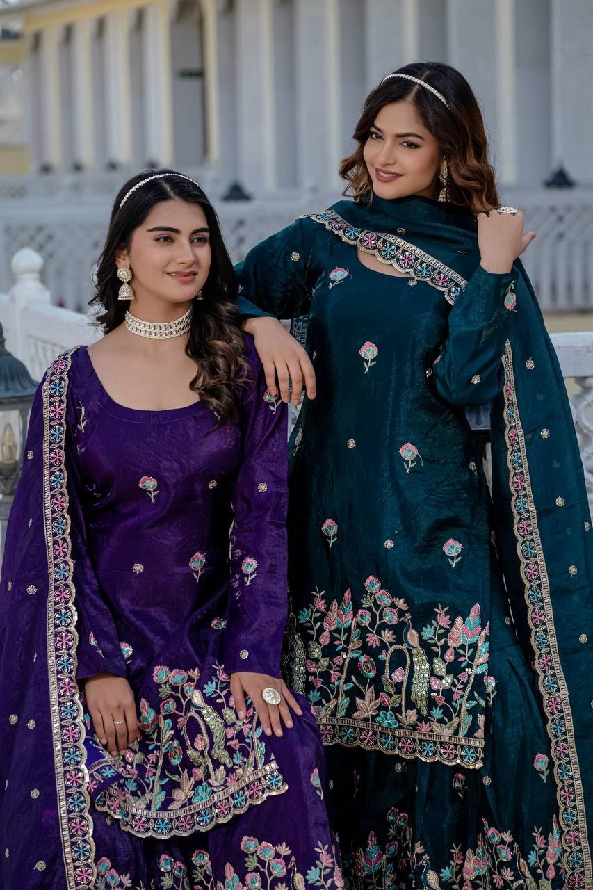 Gold Crush Embroidered Kurti with Palazzo & Dupatta