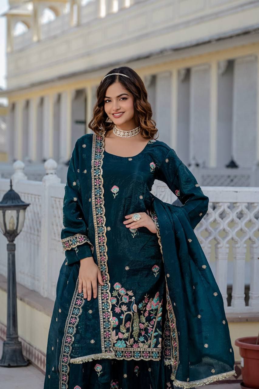 Gold Crush Embroidered Kurti with Palazzo & Dupatta