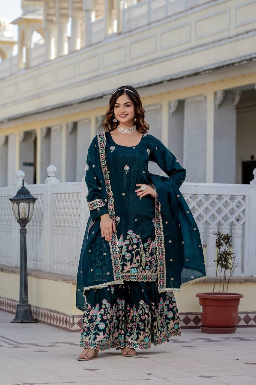 Gold Crush Embroidered Kurti with Palazzo & Dupatta