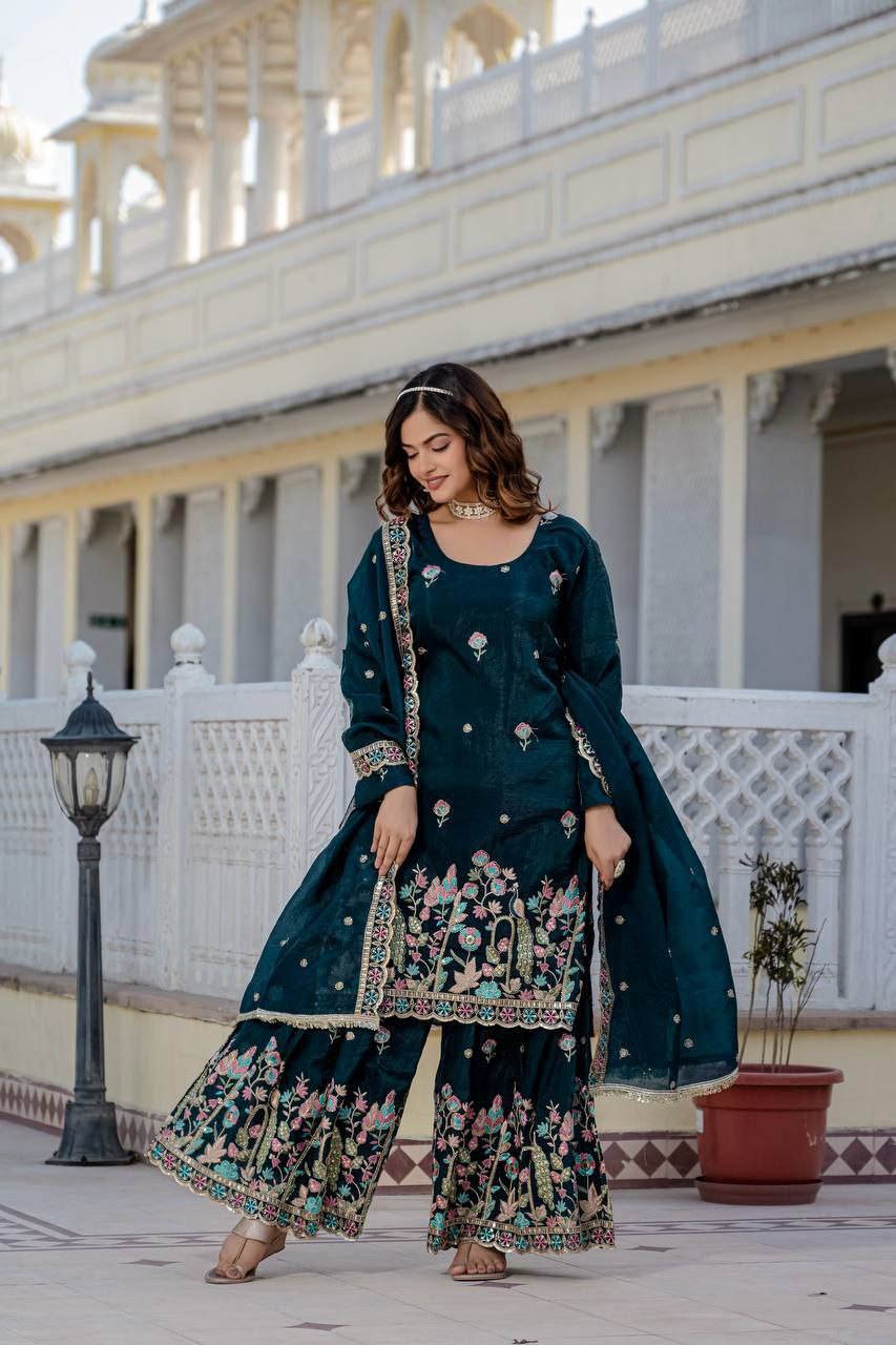 Gold Crush Embroidered Kurti with Palazzo & Dupatta