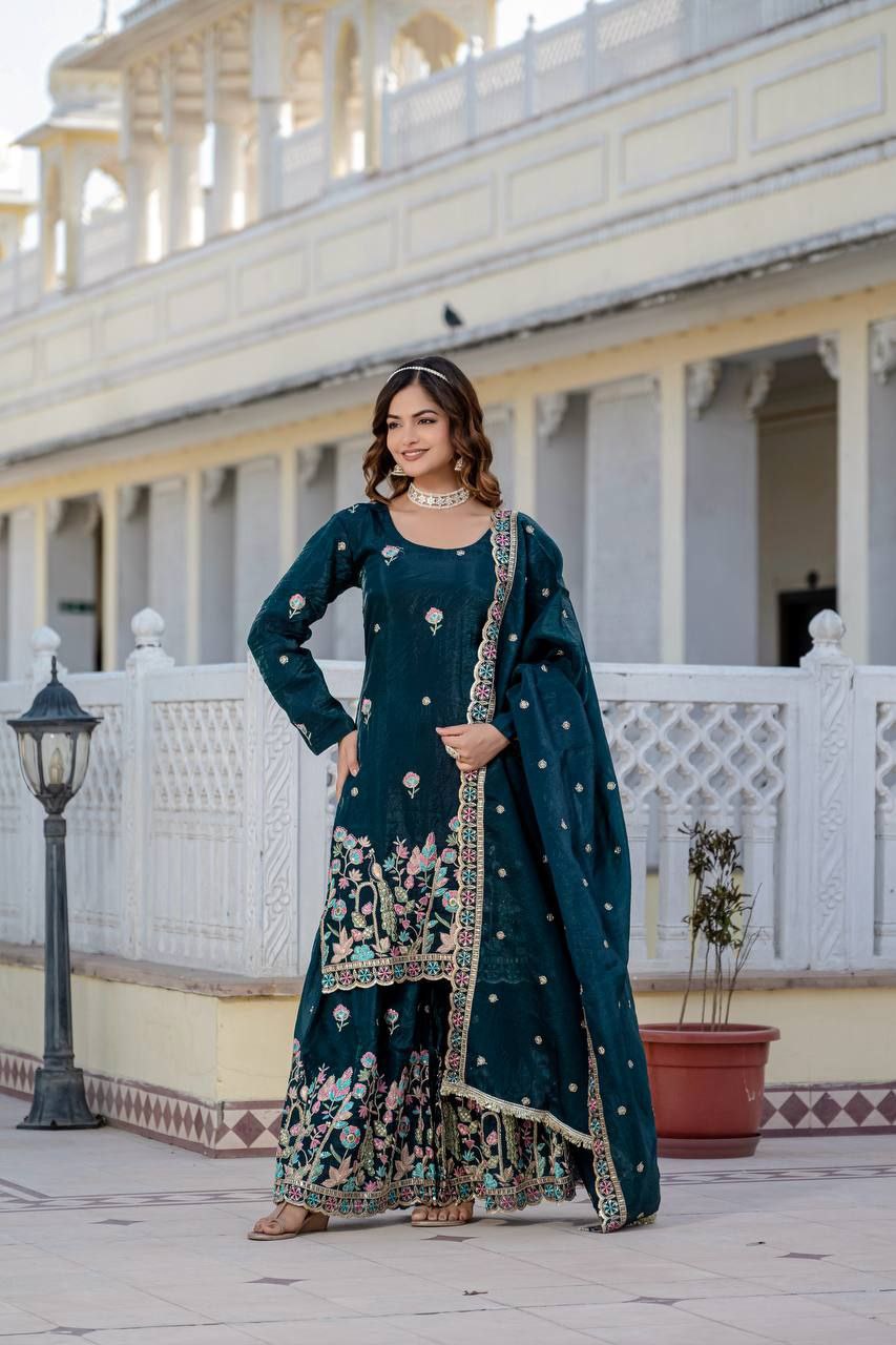 Gold Crush Embroidered Kurti with Palazzo & Dupatta