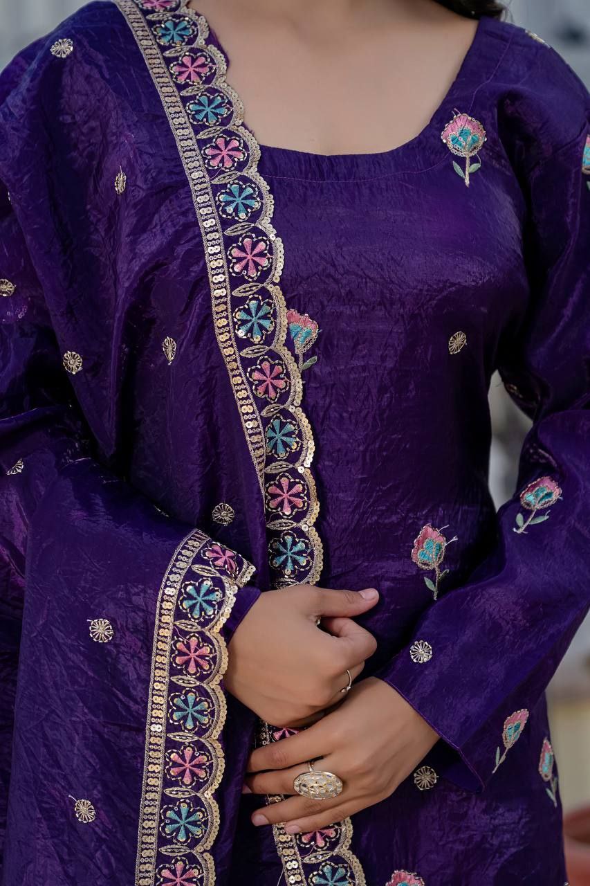 Gold Crush Embroidered Kurti with Palazzo & Dupatta