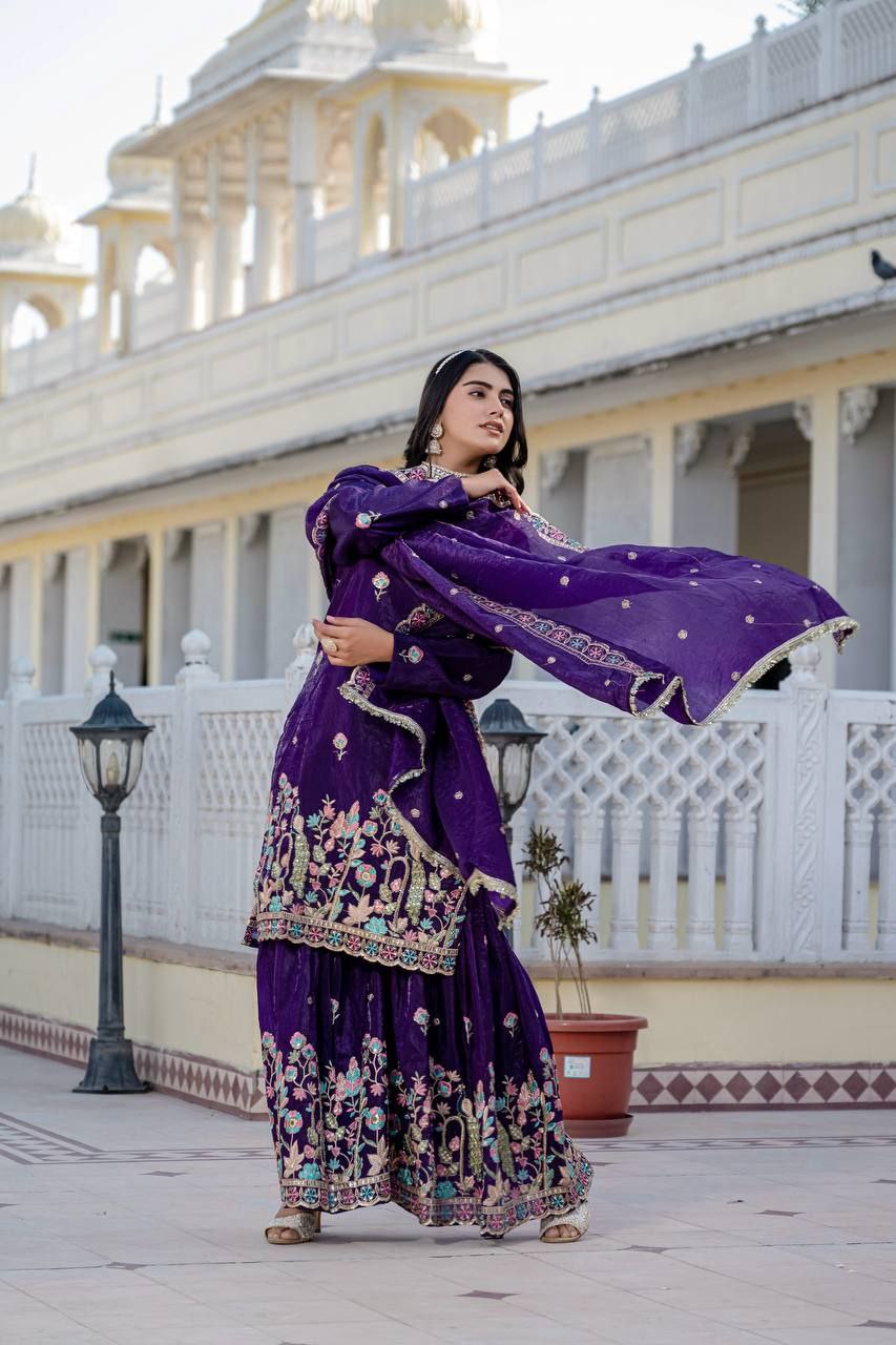 Gold Crush Embroidered Kurti with Palazzo & Dupatta