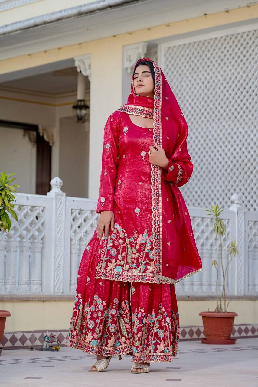 Gold Crush Embroidered Kurti with Palazzo & Dupatta
