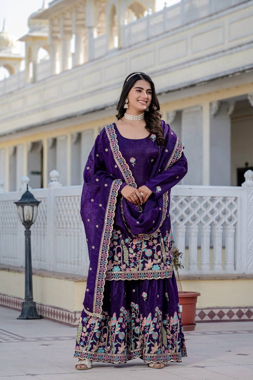 Gold Crush Embroidered Kurti with Palazzo & Dupatta