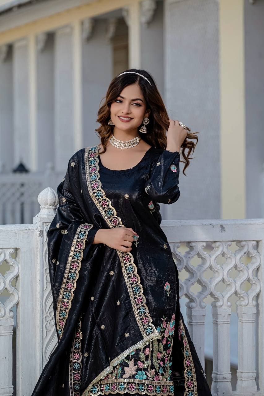 Gold Crush Embroidered Kurti with Palazzo & Dupatta