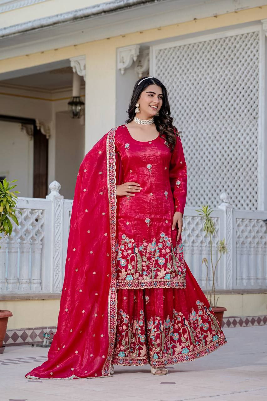 Gold Crush Embroidered Kurti with Palazzo & Dupatta