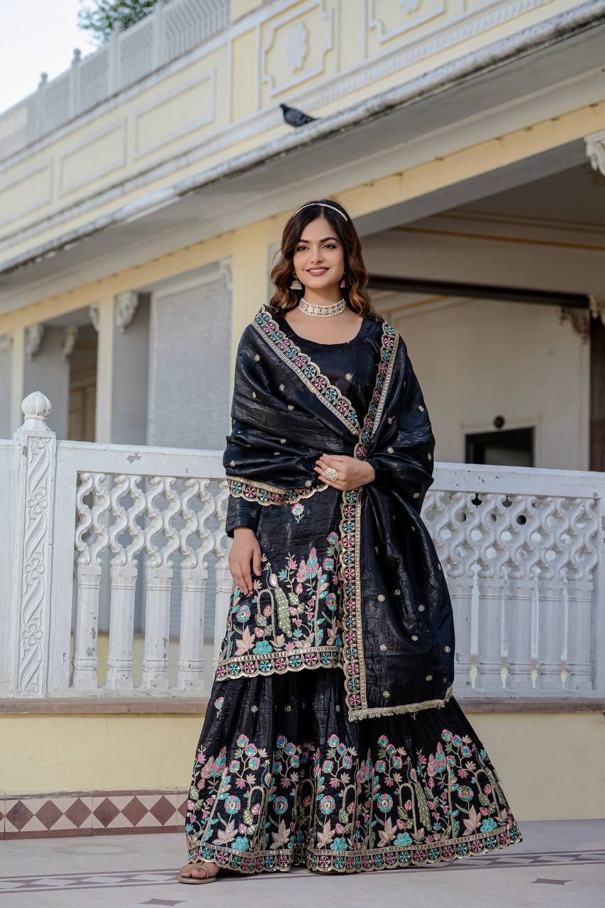 Gold Crush Embroidered Kurti with Palazzo & Dupatta