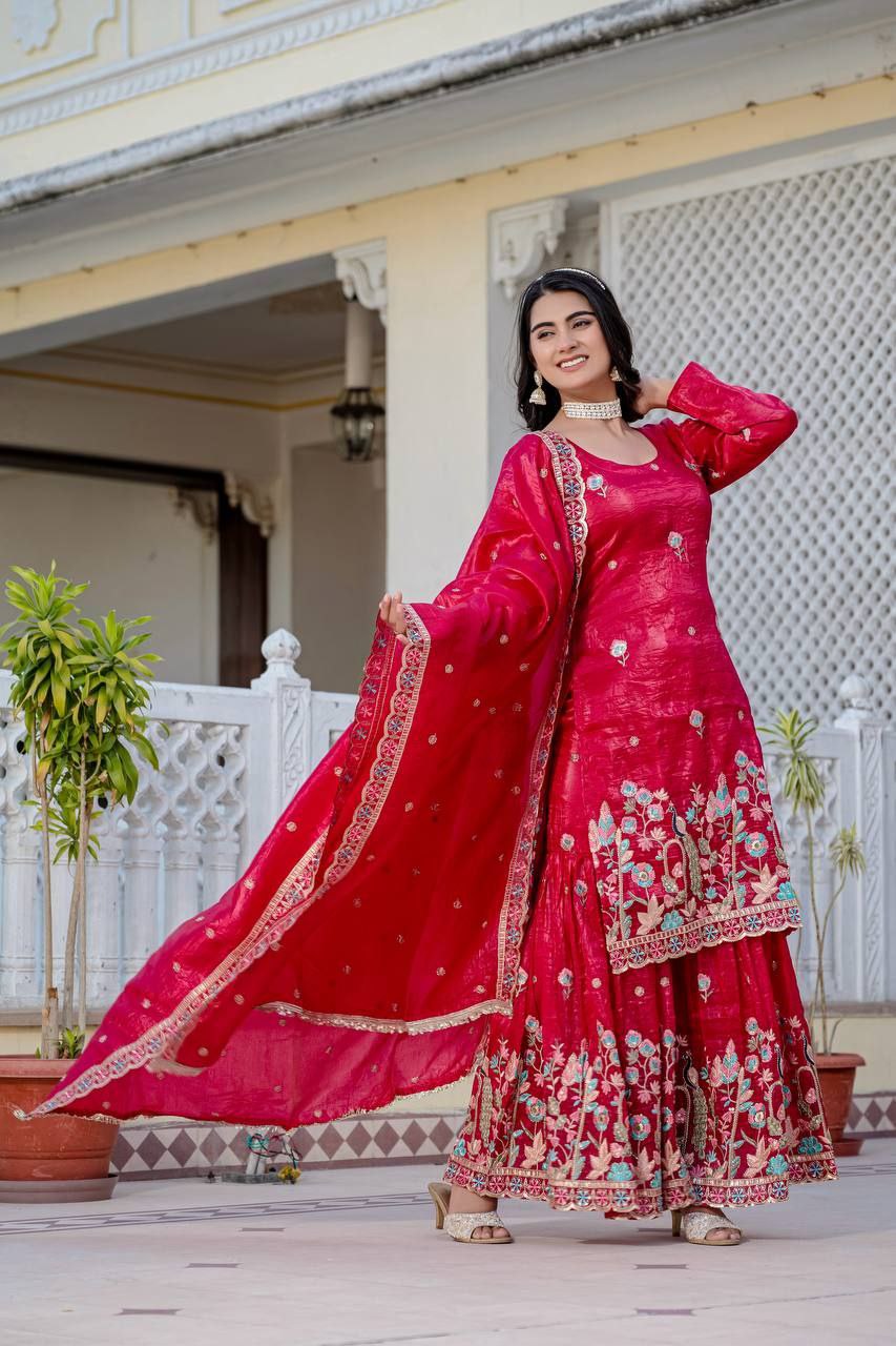 Gold Crush Embroidered Kurti with Palazzo & Dupatta