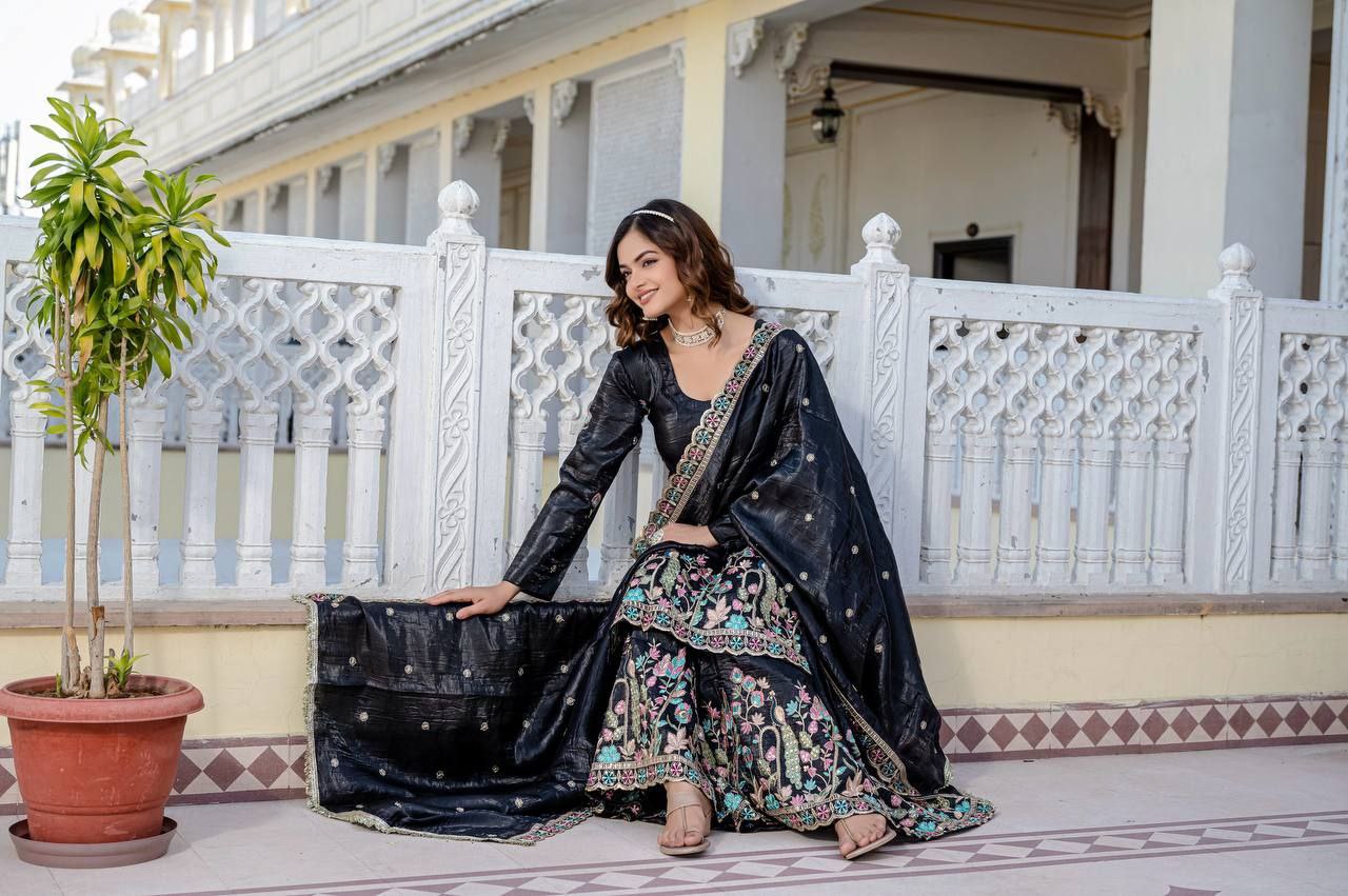 Gold Crush Embroidered Kurti with Palazzo & Dupatta