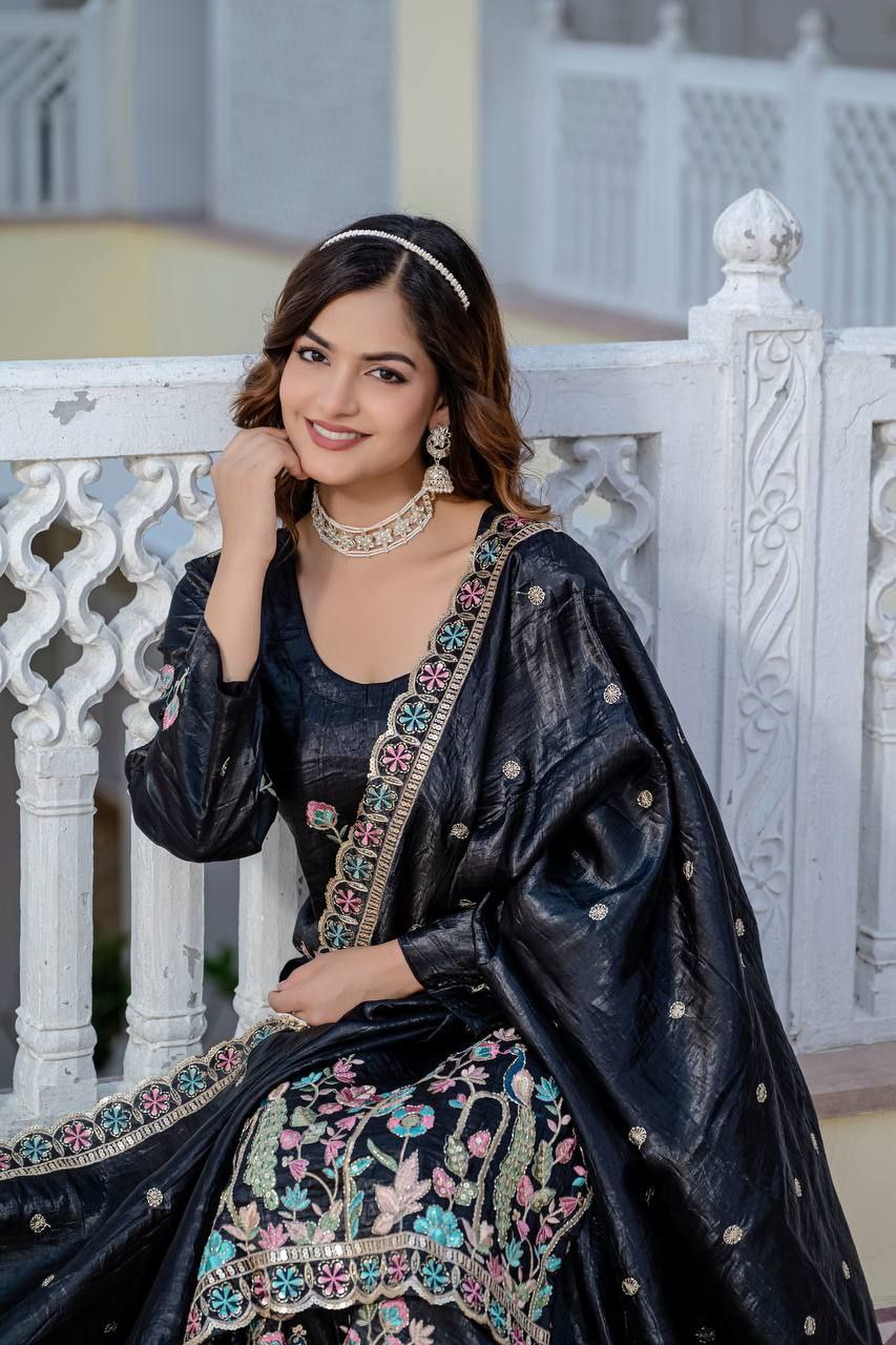 Gold Crush Embroidered Kurti with Palazzo & Dupatta