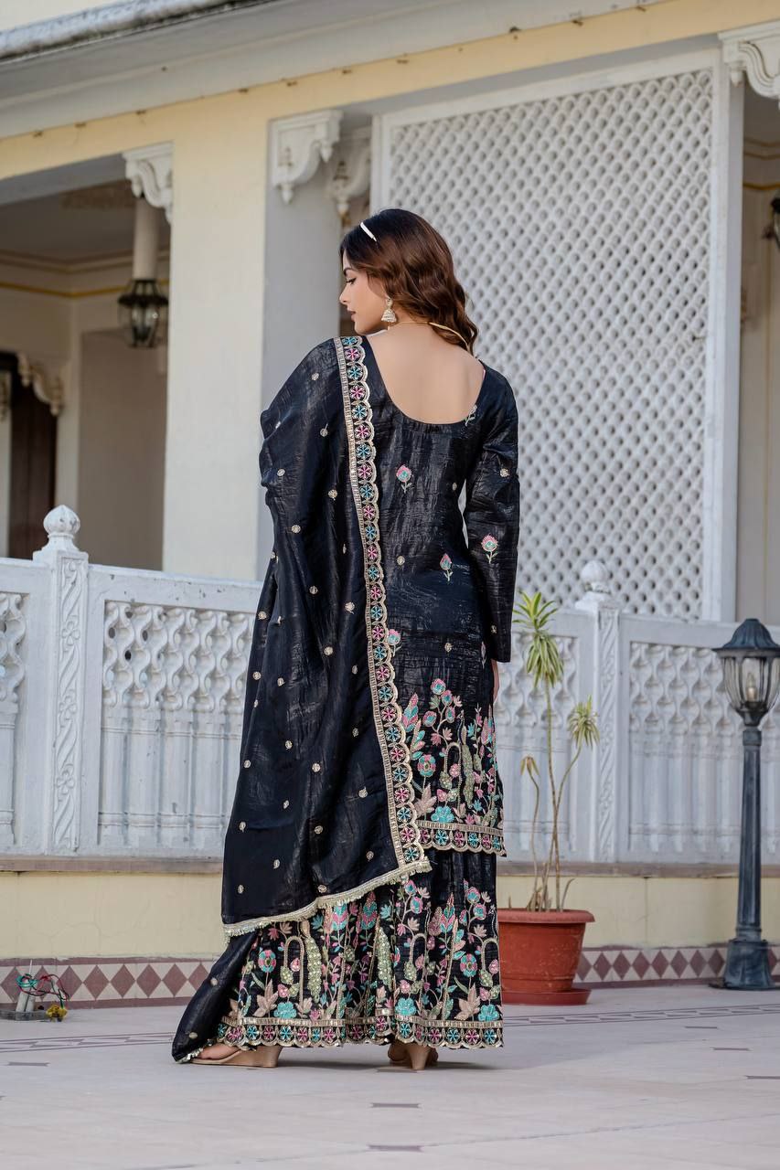 Gold Crush Embroidered Kurti with Palazzo & Dupatta