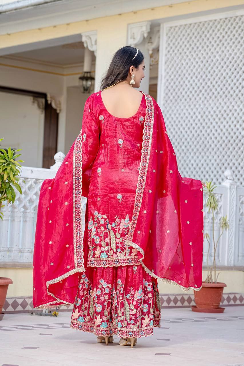 Gold Crush Embroidered Kurti with Palazzo & Dupatta
