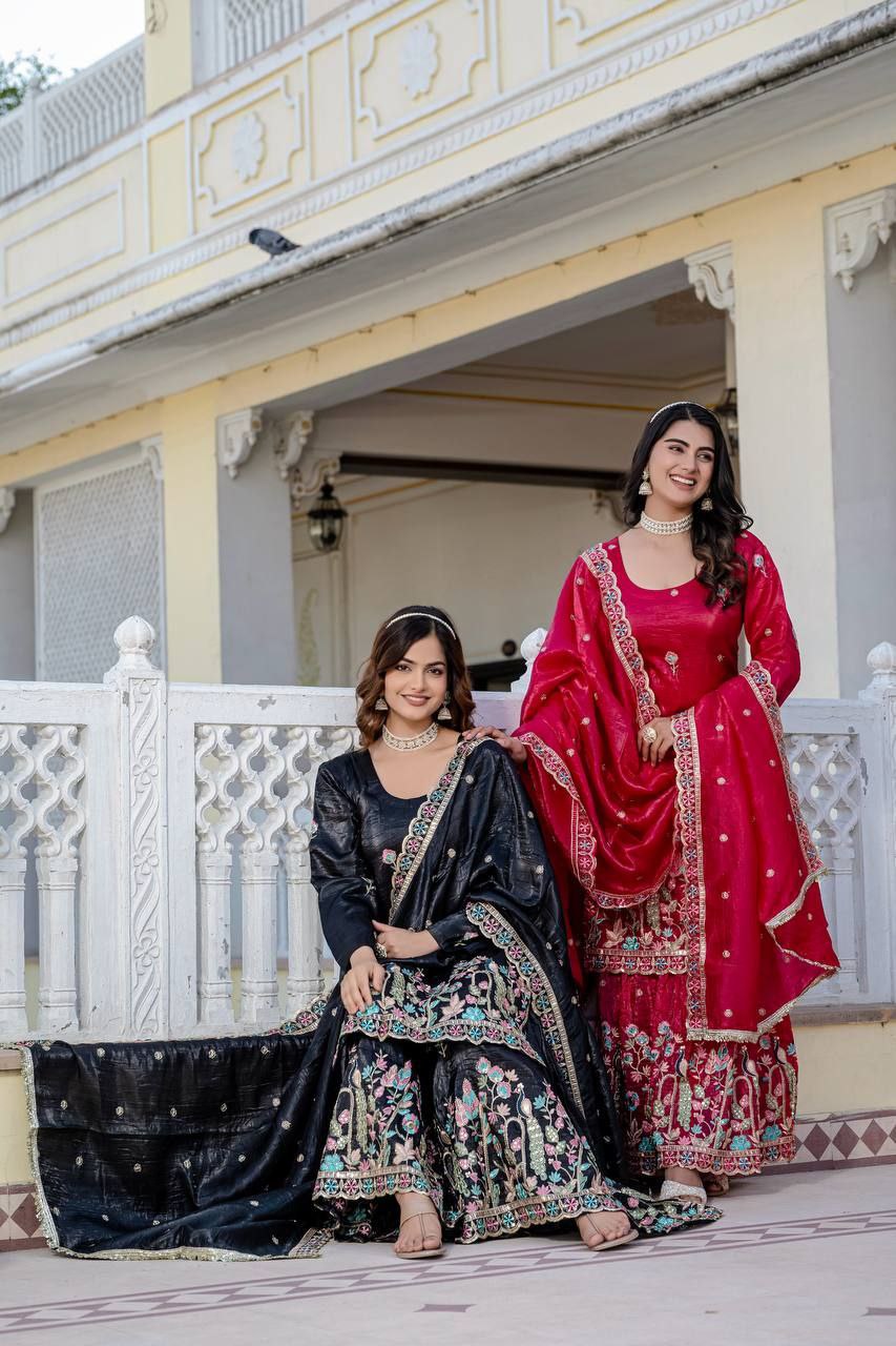 Gold Crush Embroidered Kurti with Palazzo & Dupatta