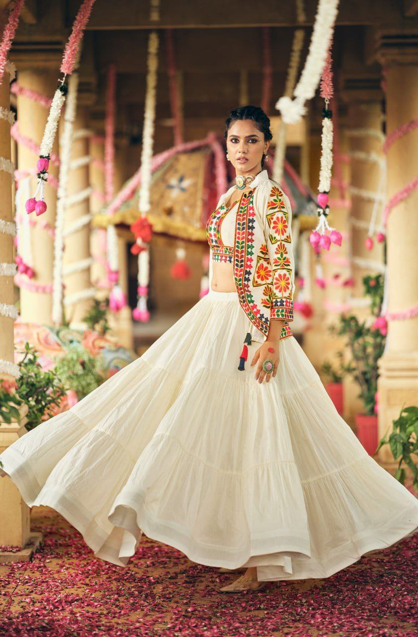 Pure Cotton Embroidered Lehenga, Blouse & Koti Set
