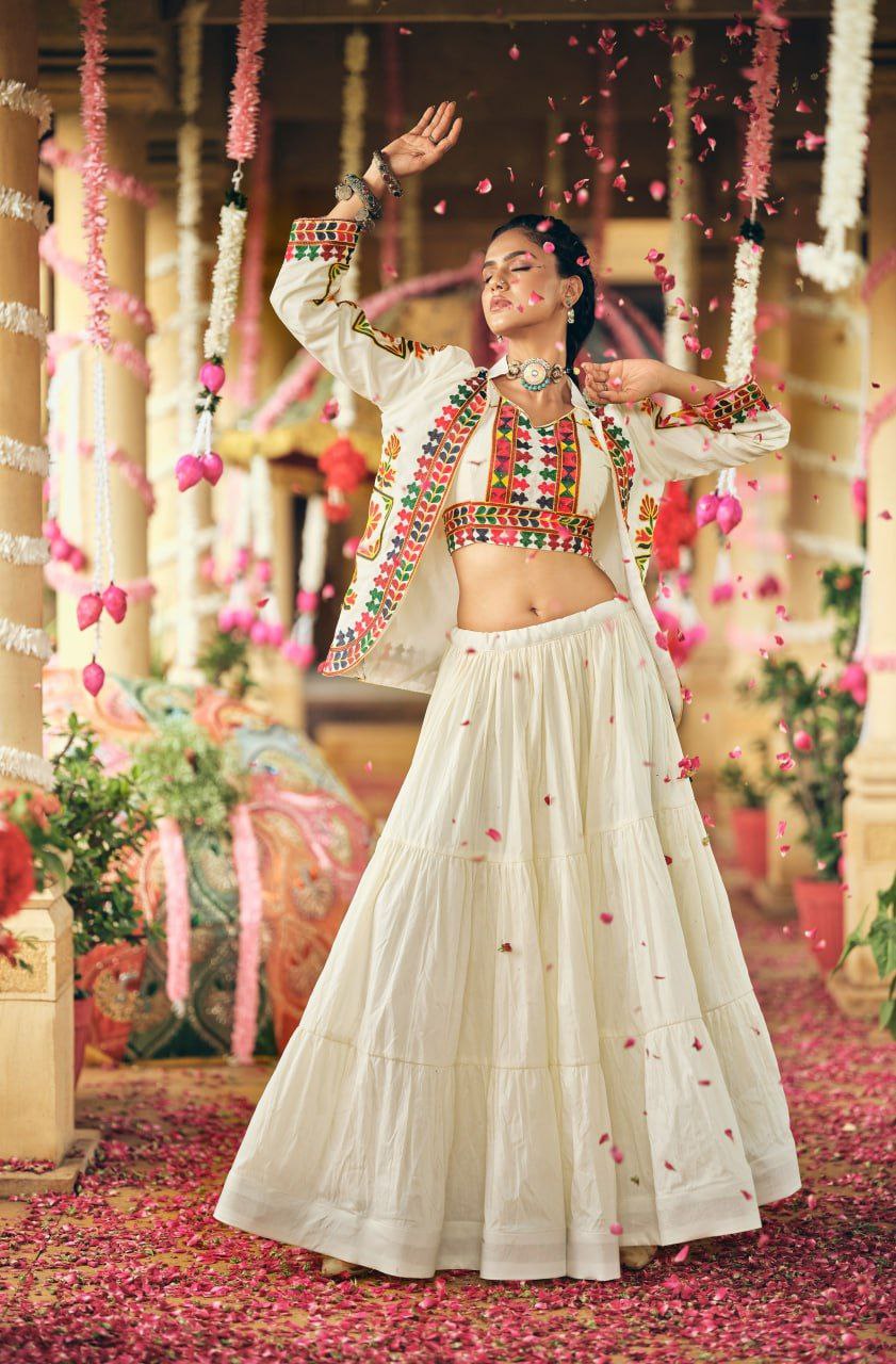 Pure Cotton Embroidered Lehenga, Blouse & Koti Set