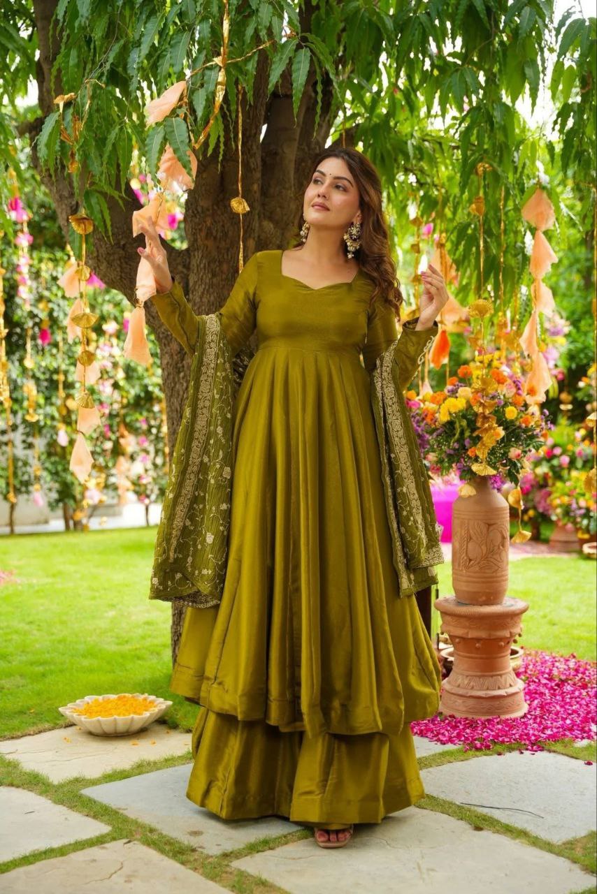 German Chiffon Embroidered Gown with Palazzo & Lace Border Dupatta