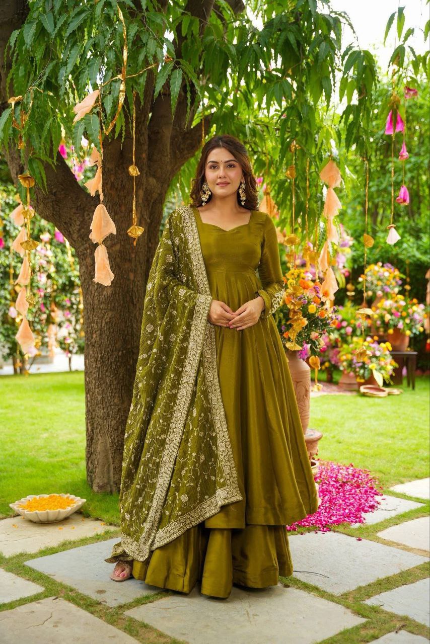 German Chiffon Embroidered Gown with Palazzo & Lace Border Dupatta