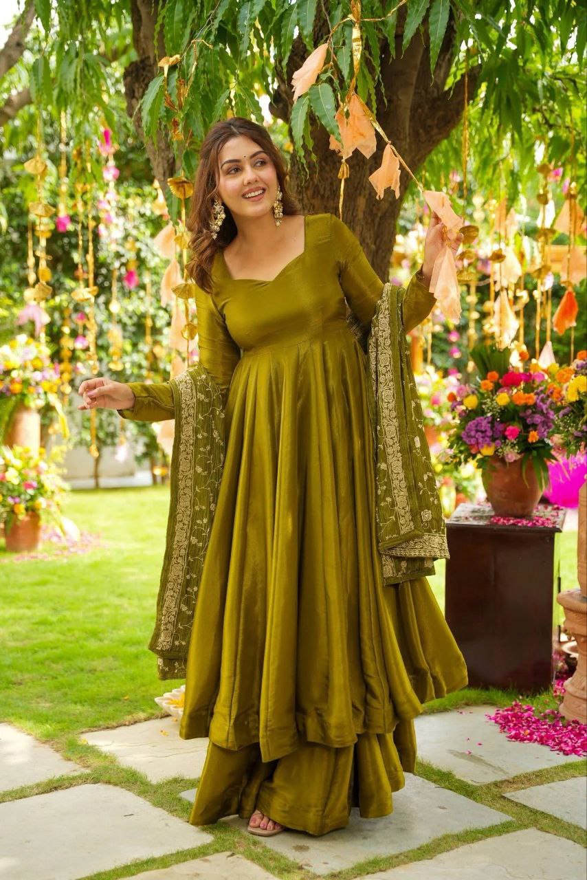German Chiffon Embroidered Gown with Palazzo & Lace Border Dupatta