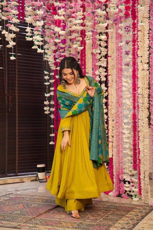 Mustard Silk Chanderi Embroidered Kurti Set with Printed Dupatta