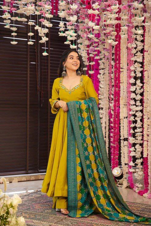 Mustard Silk Chanderi Embroidered Kurti Set with Printed Dupatta