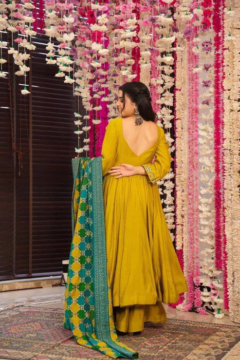 Mustard Silk Chanderi Embroidered Kurti Set with Printed Dupatta