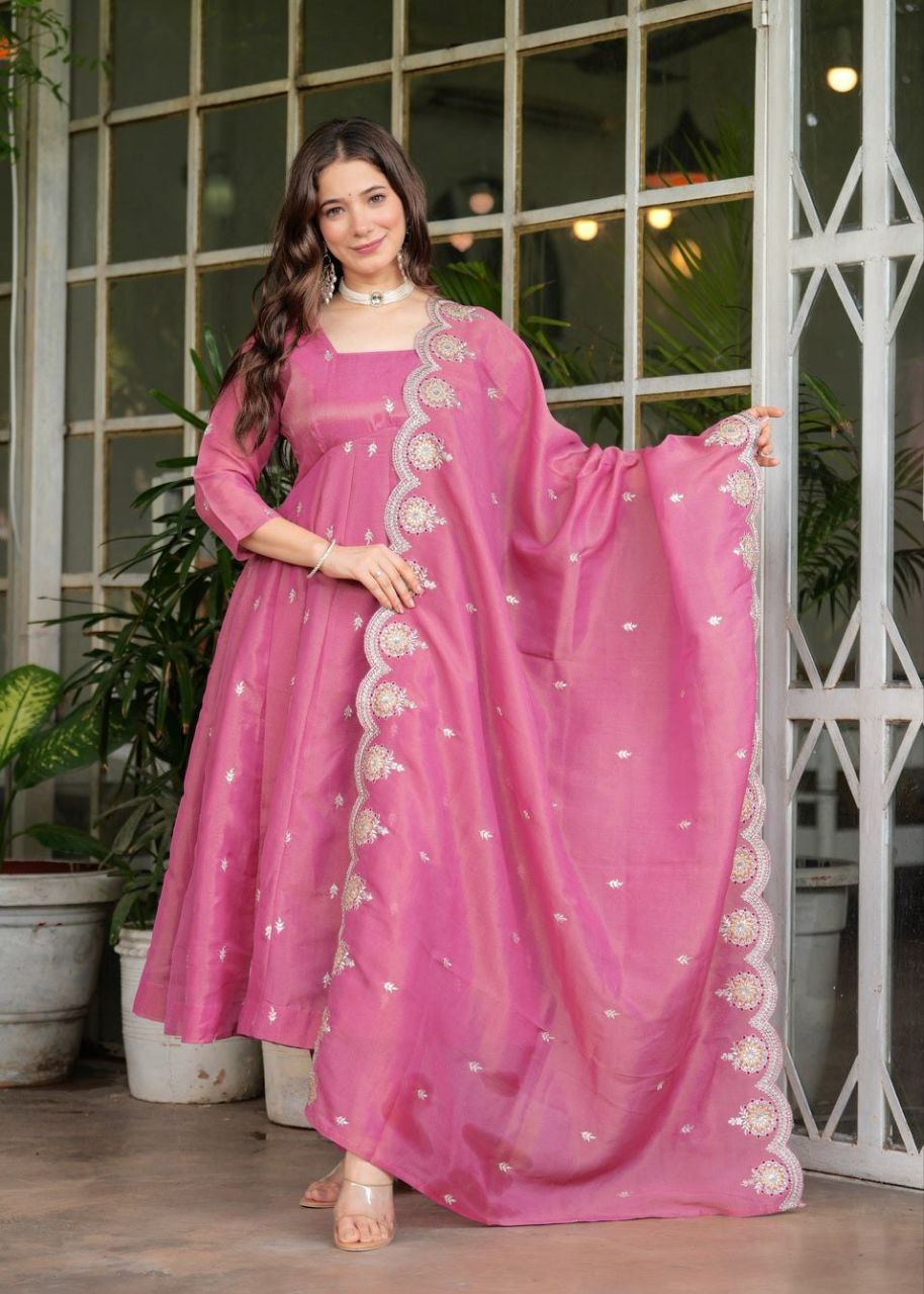 Pink Silk Chanderi Embroidered Kurti Set with Matching Dupatta
