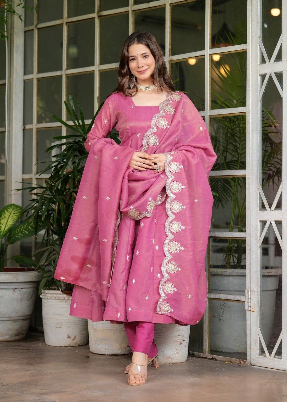 Pink Silk Chanderi Embroidered Kurti Set with Matching Dupatta