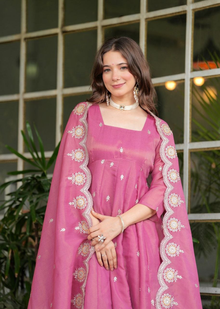 Pink Silk Chanderi Embroidered Kurti Set with Matching Dupatta