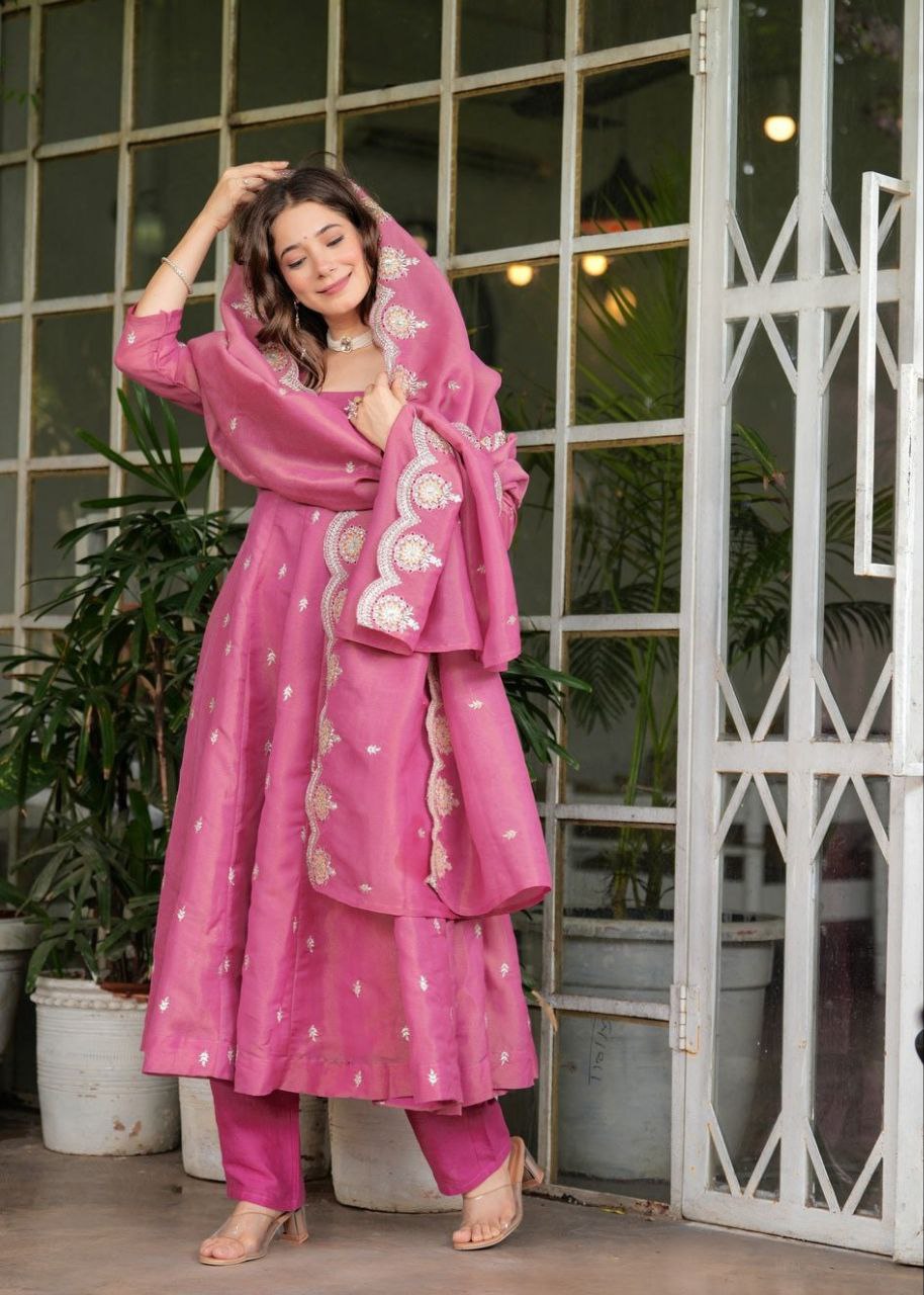 Pink Silk Chanderi Embroidered Kurti Set with Matching Dupatta