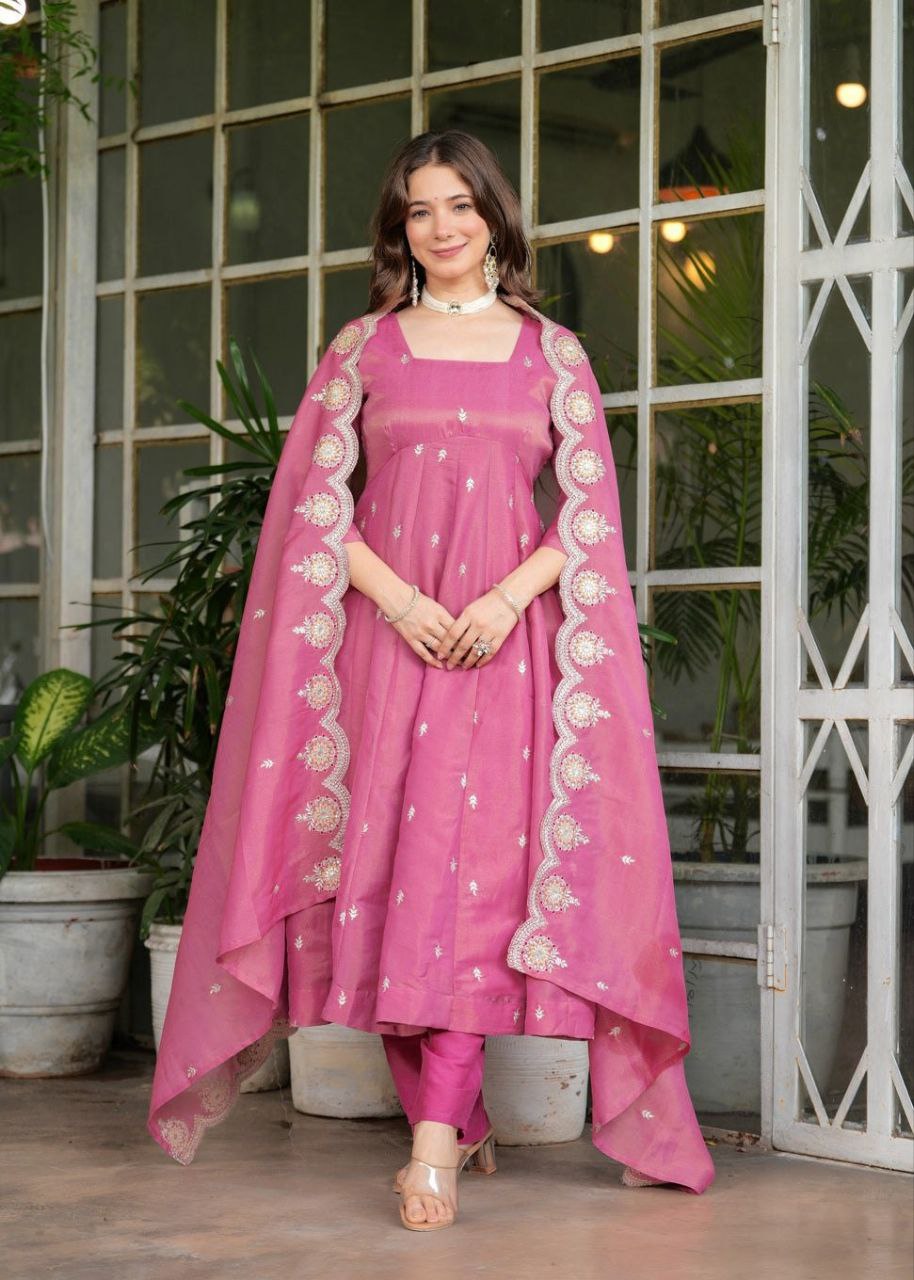 Pink Silk Chanderi Embroidered Kurti Set with Matching Dupatta