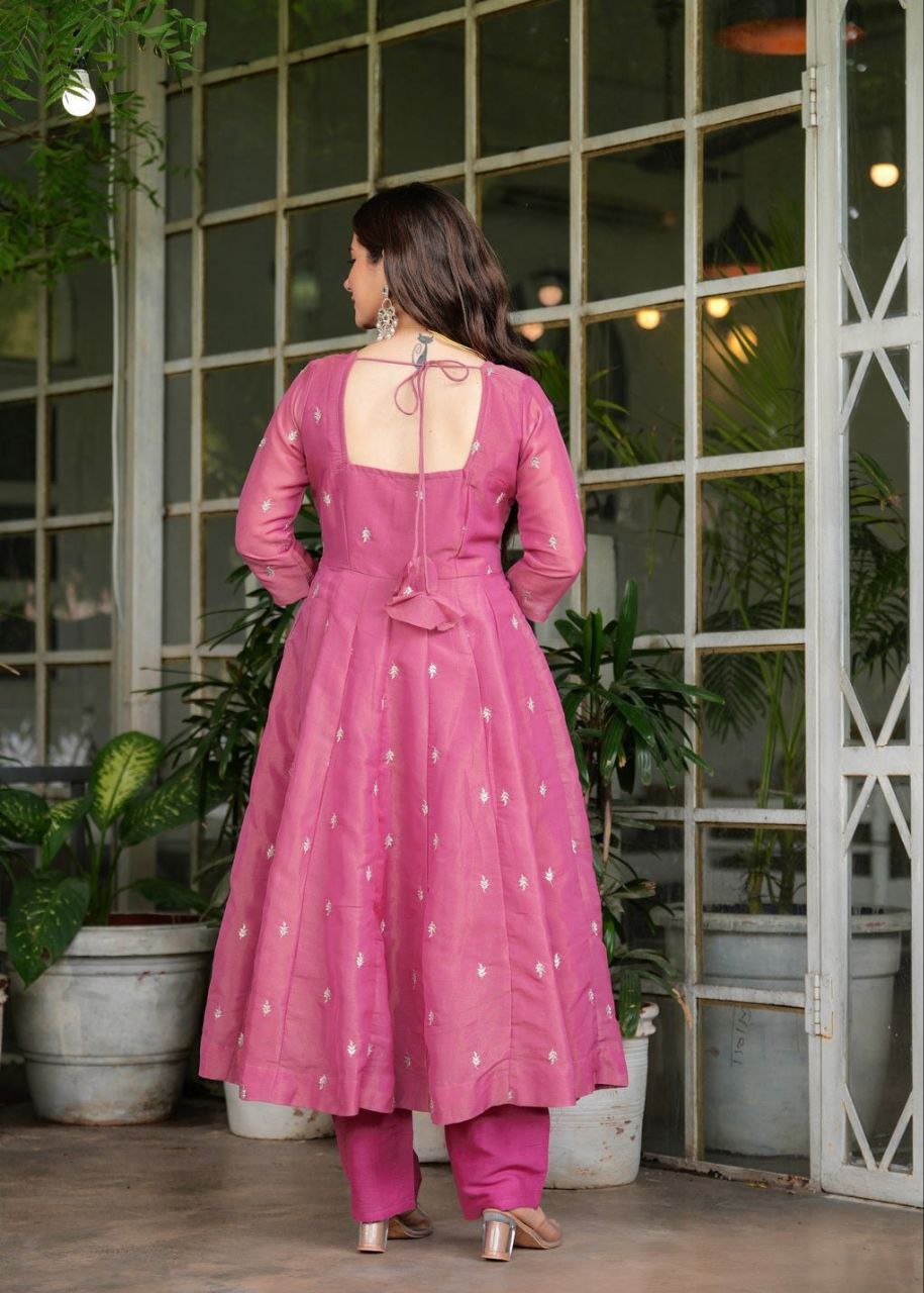 Pink Silk Chanderi Embroidered Kurti Set with Matching Dupatta