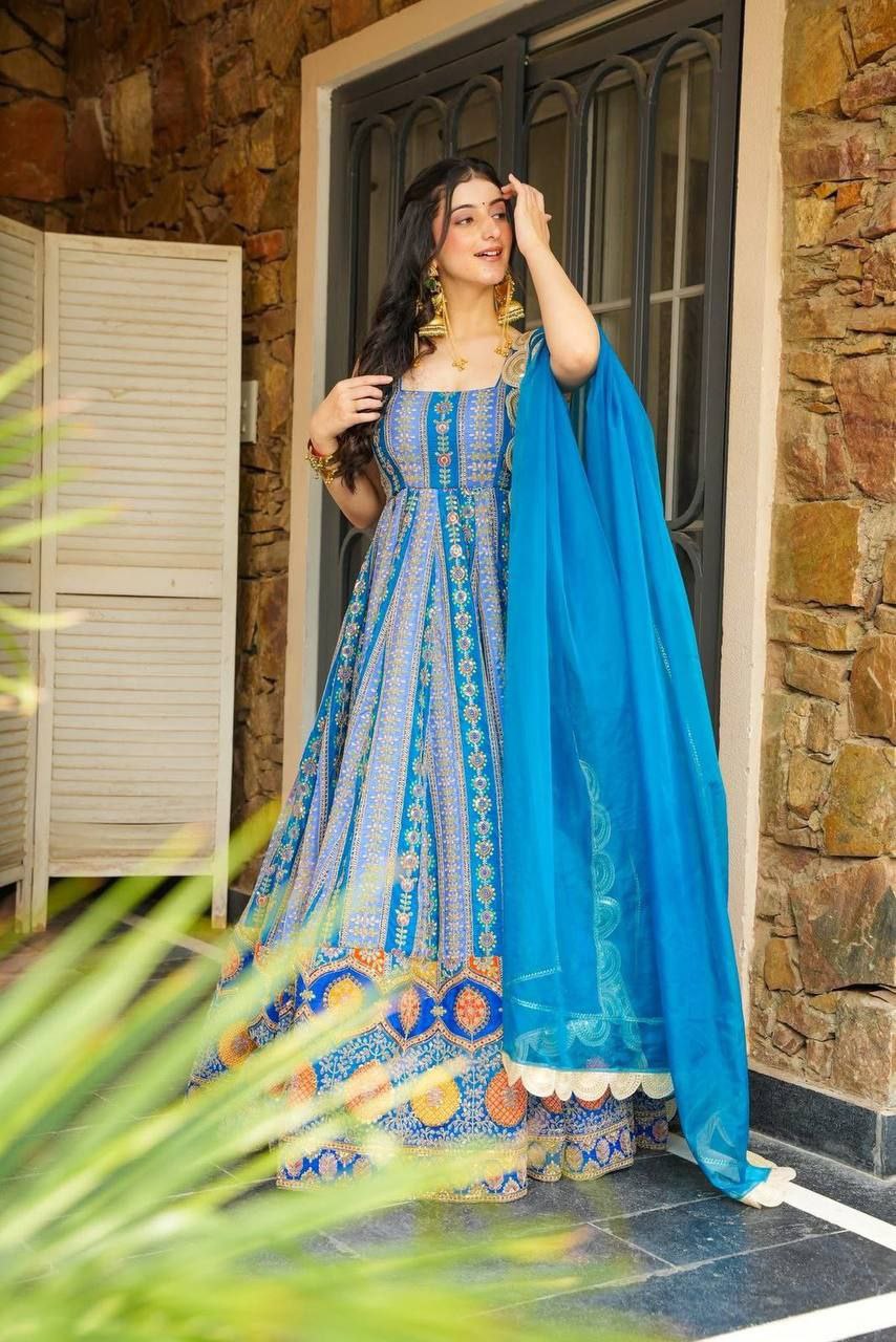 Pure Jimmy Organza Silk Digital Printed Anarkali Gown with Georgette Dupatta