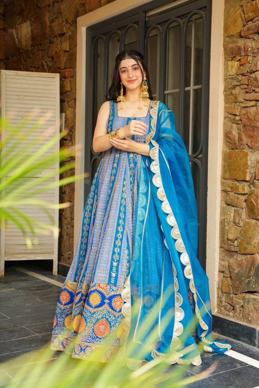 Pure Jimmy Organza Silk Digital Printed Anarkali Gown with Georgette Dupatta