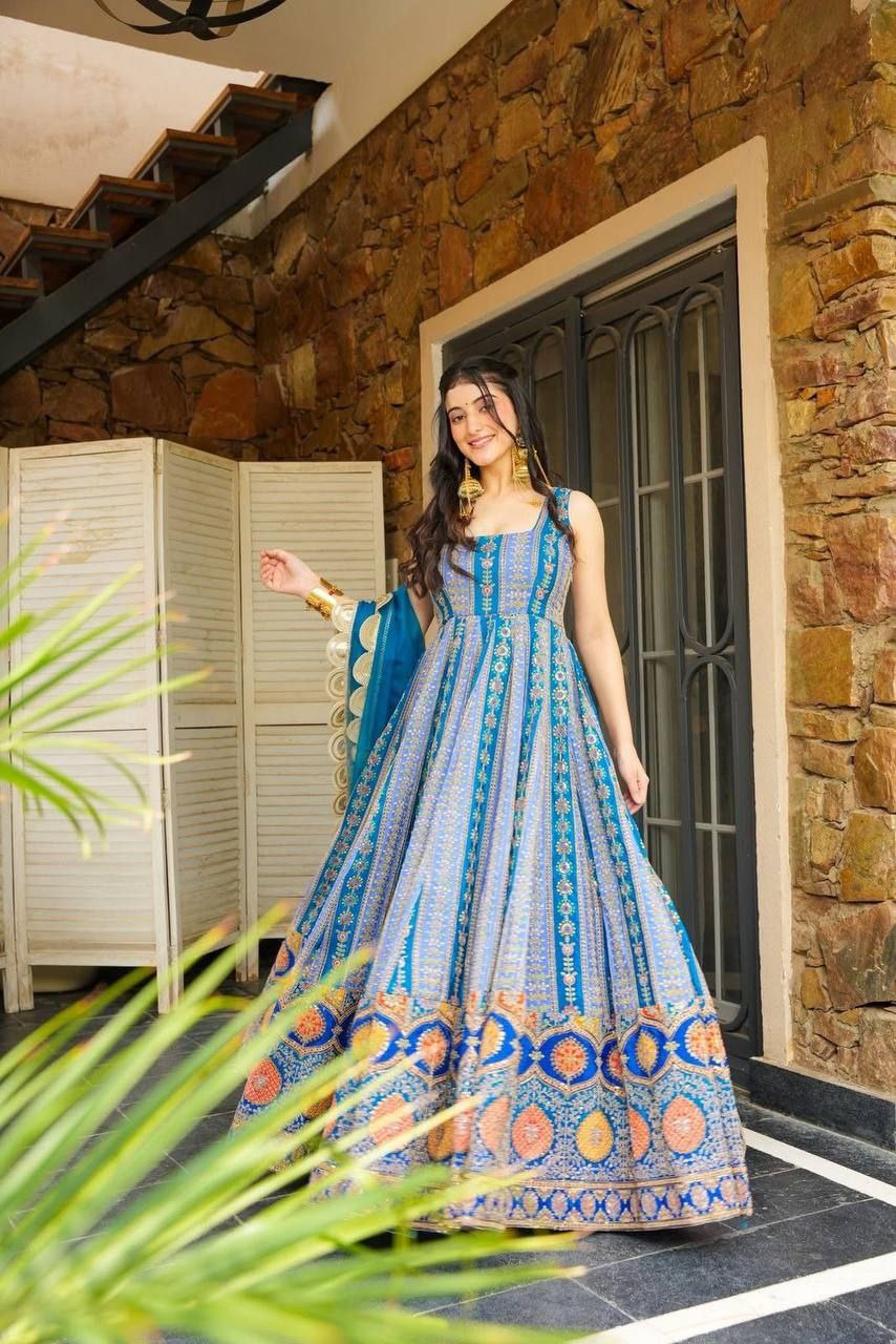 Pure Jimmy Organza Silk Digital Printed Anarkali Gown with Georgette Dupatta