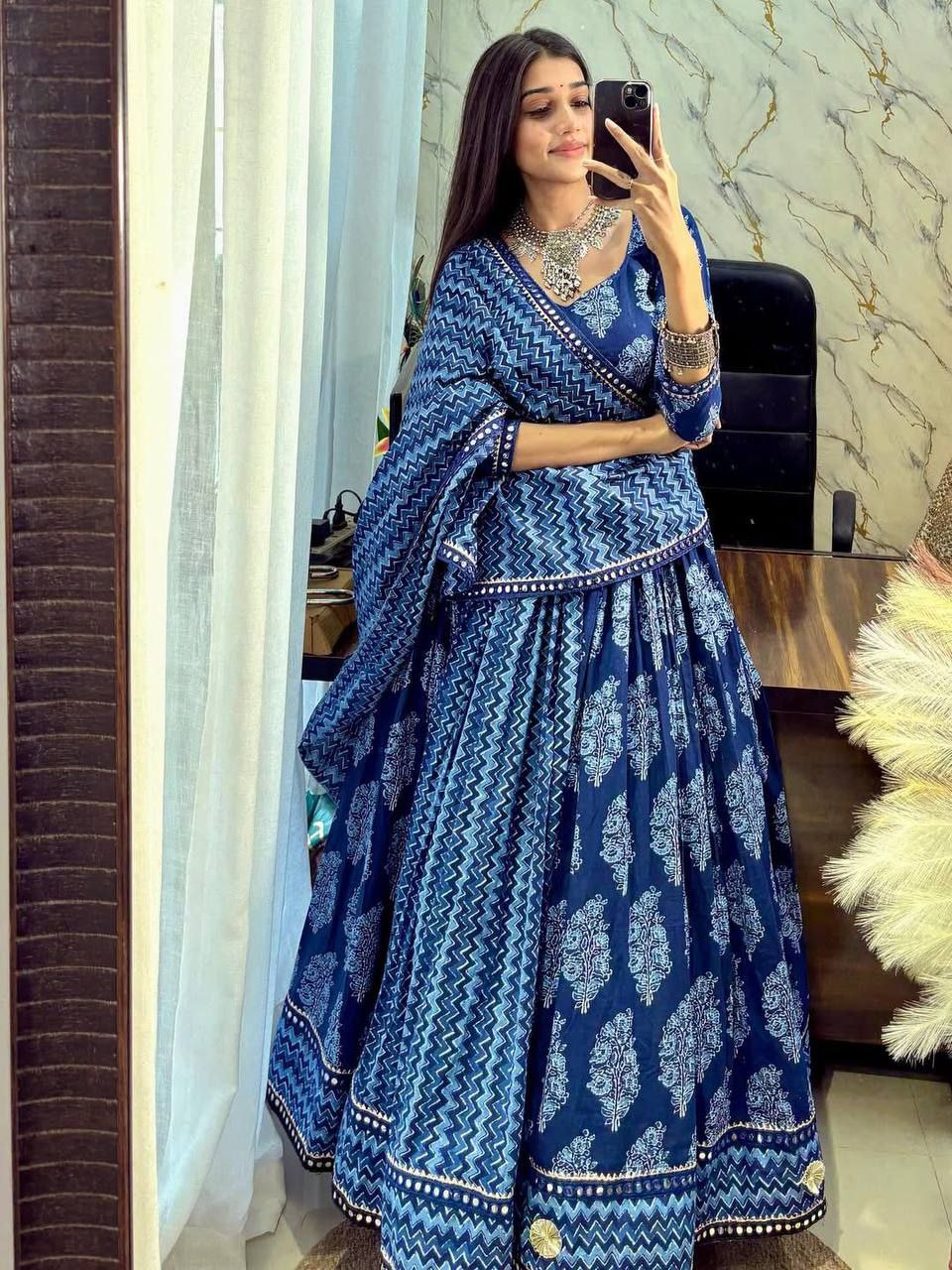 Printed Polly Reyon Full-Stitched Lehenga with Blouse & Mirror Work Dupatta