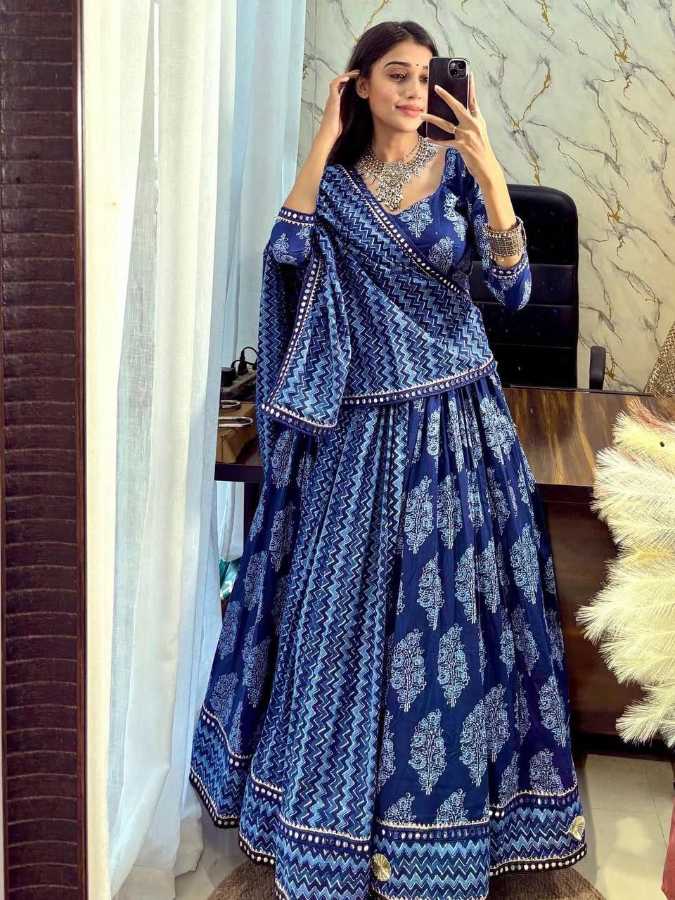 Printed Polly Reyon Full-Stitched Lehenga with Blouse & Mirror Work Dupatta