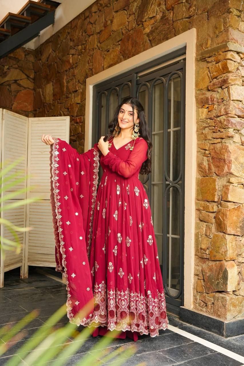 Glamour Embroidered Faux Georgette Gown Set with Dupatta | Elegant Partywear Collection
