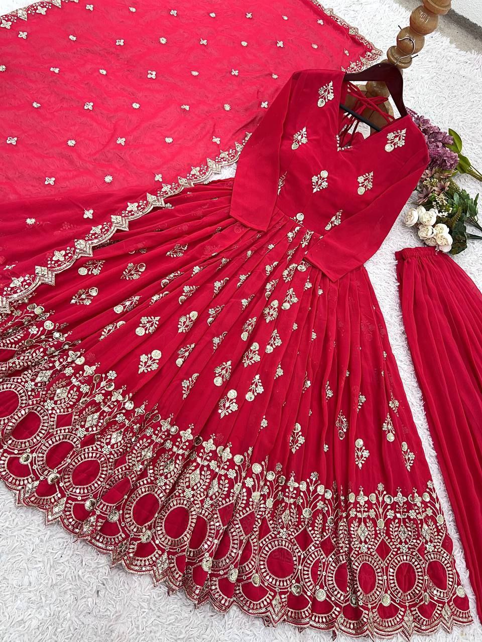 Glamour Embroidered Faux Georgette Gown Set with Dupatta | Elegant Partywear Collection
