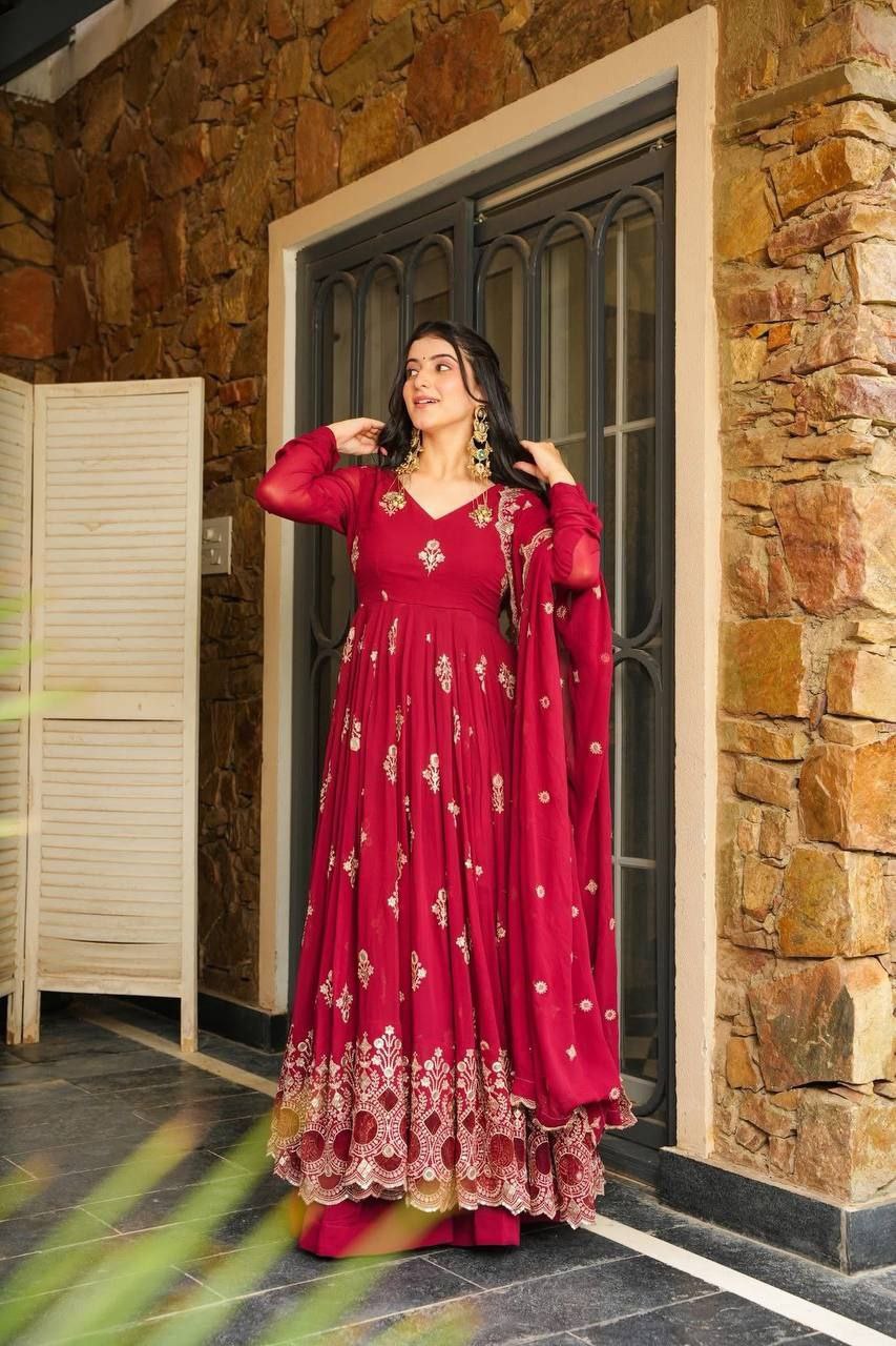 Glamour Embroidered Faux Georgette Gown Set with Dupatta | Elegant Partywear Collection