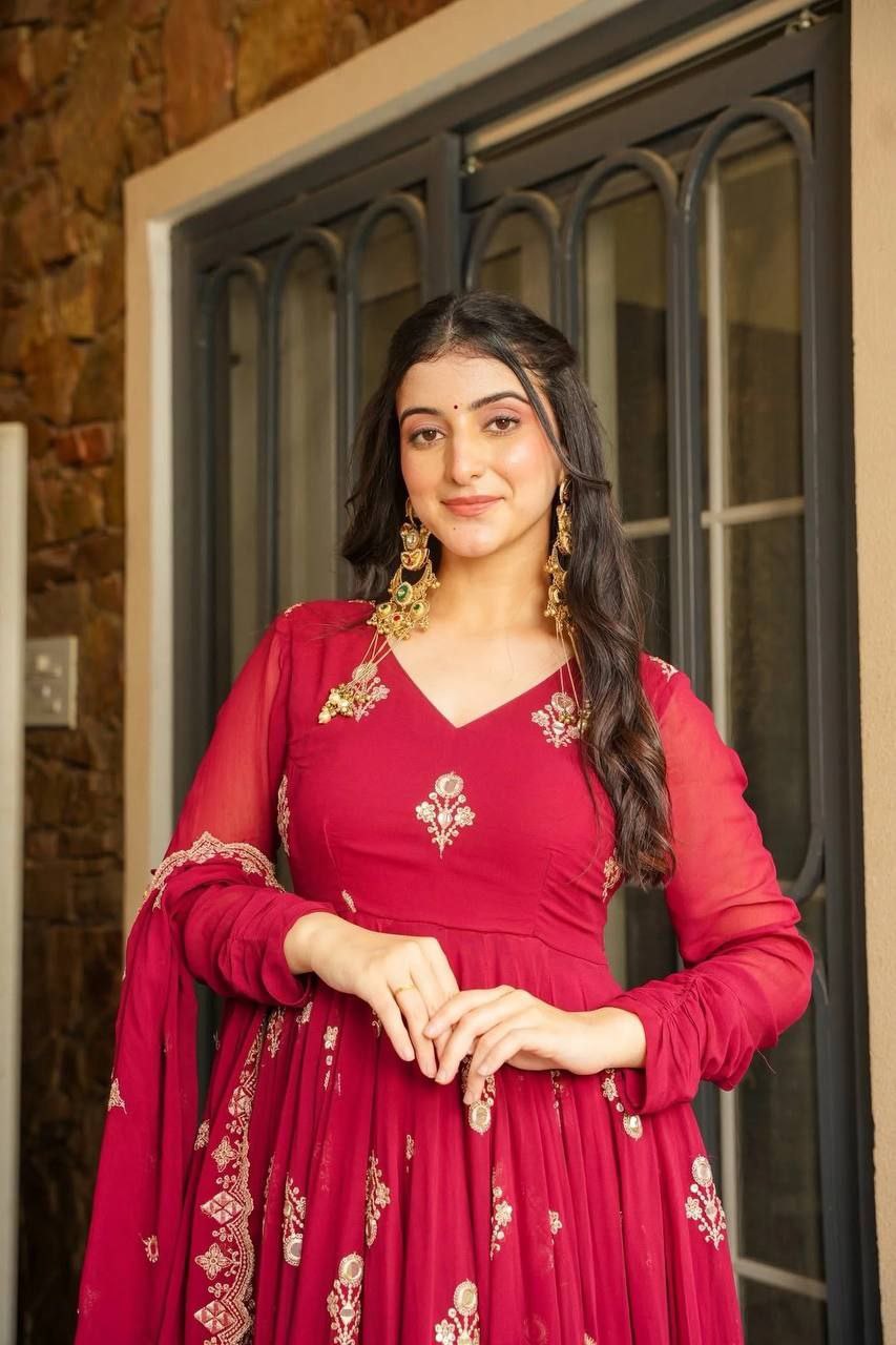 Glamour Embroidered Faux Georgette Gown Set with Dupatta | Elegant Partywear Collection