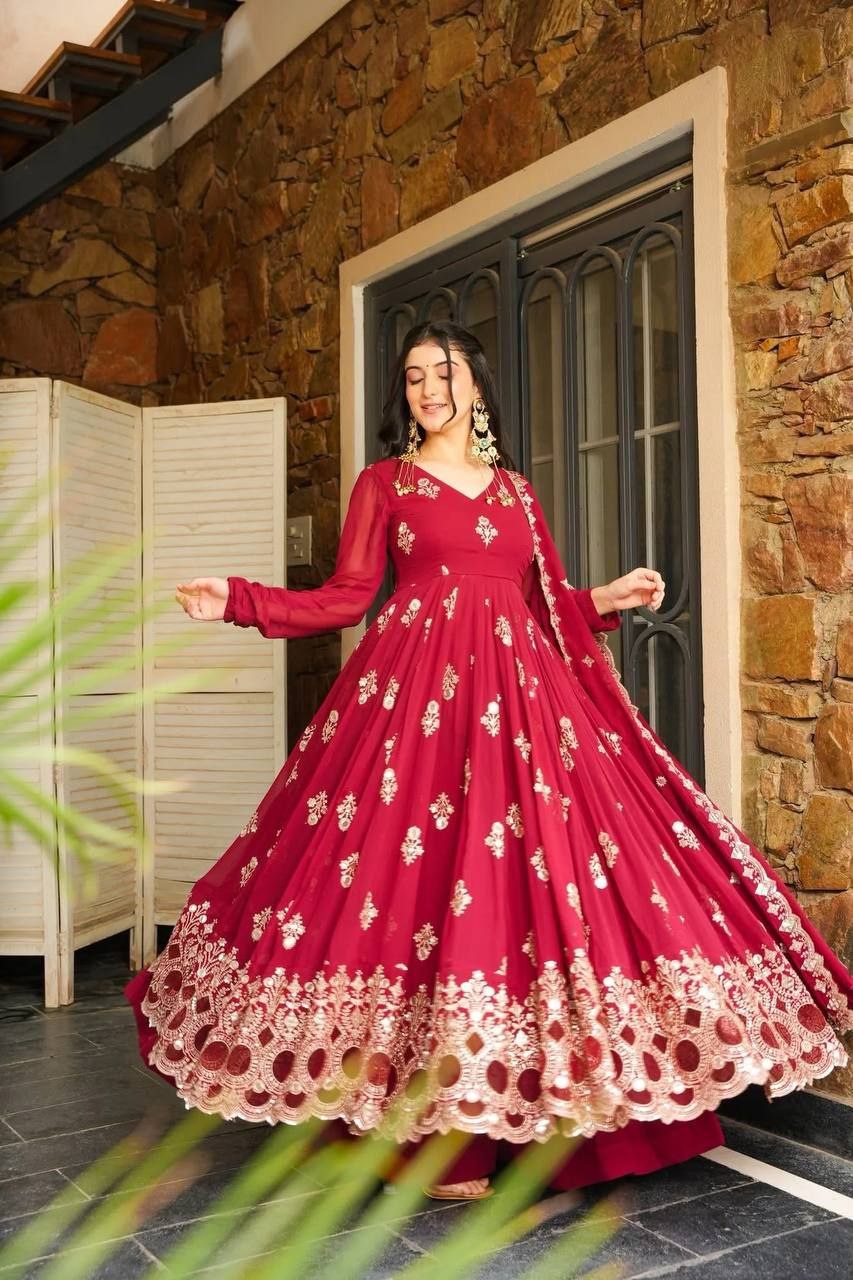Glamour Embroidered Faux Georgette Gown Set with Dupatta | Elegant Partywear Collection
